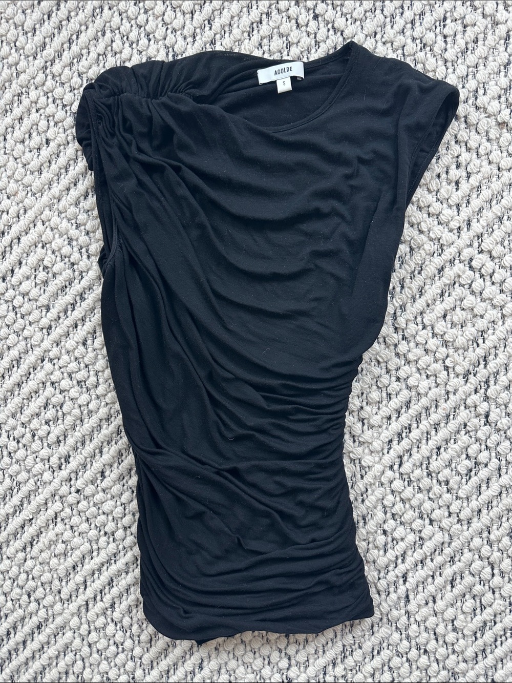 Agolde Black Asymmetric Ruched Cap-Sleeve Tee